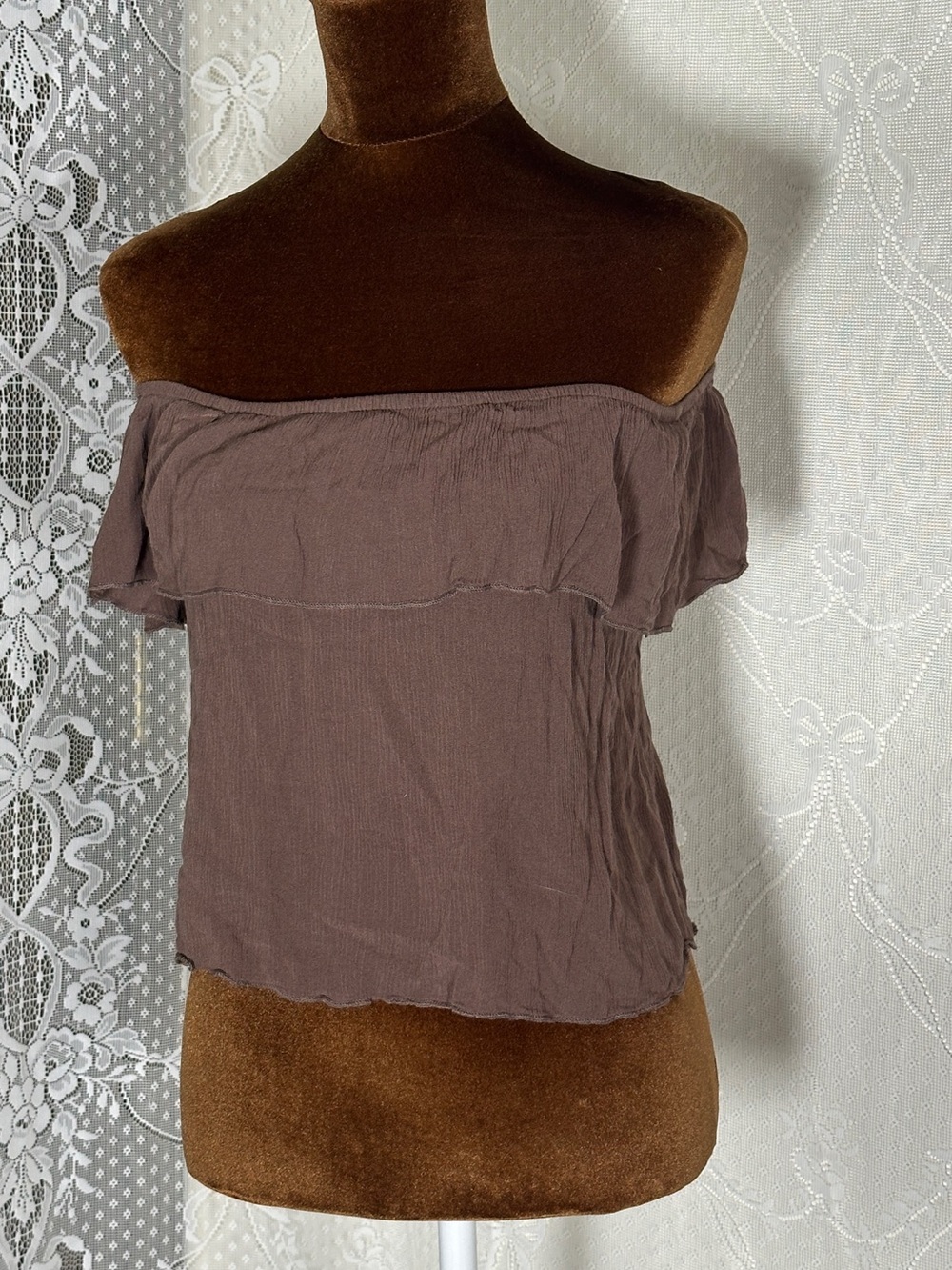 Ambiance Off-Shoulder Ruffle Crop Top in Brown